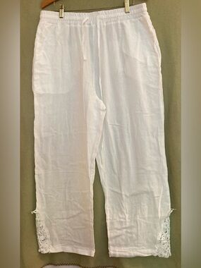 White Crochet Hem Drawstring 100% Cotton Pants Size M